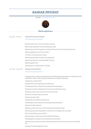 Market Risk Assistant Manger Resume Sample and Template