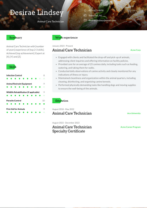 Animal Care Technician Resume Sample and Template