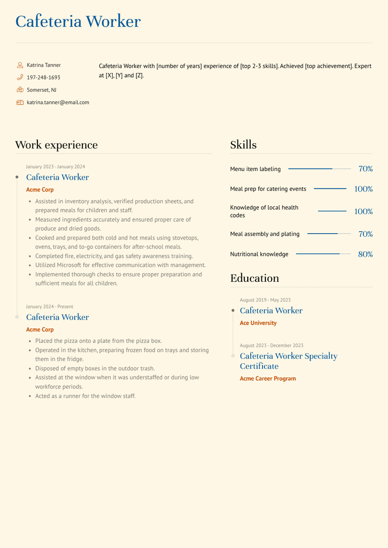 Cafeteria Worker Resume Sample and Template