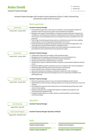 Assistant Property Manager Resume Sample and Template