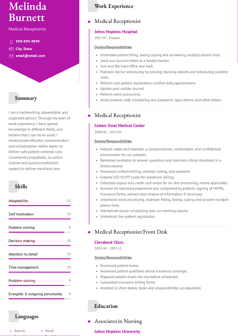 Medical Receptionist Resume Sample and Template