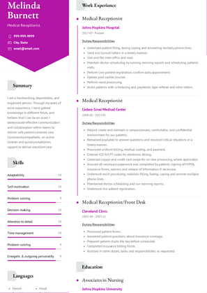 Medical Receptionist Resume Sample and Template