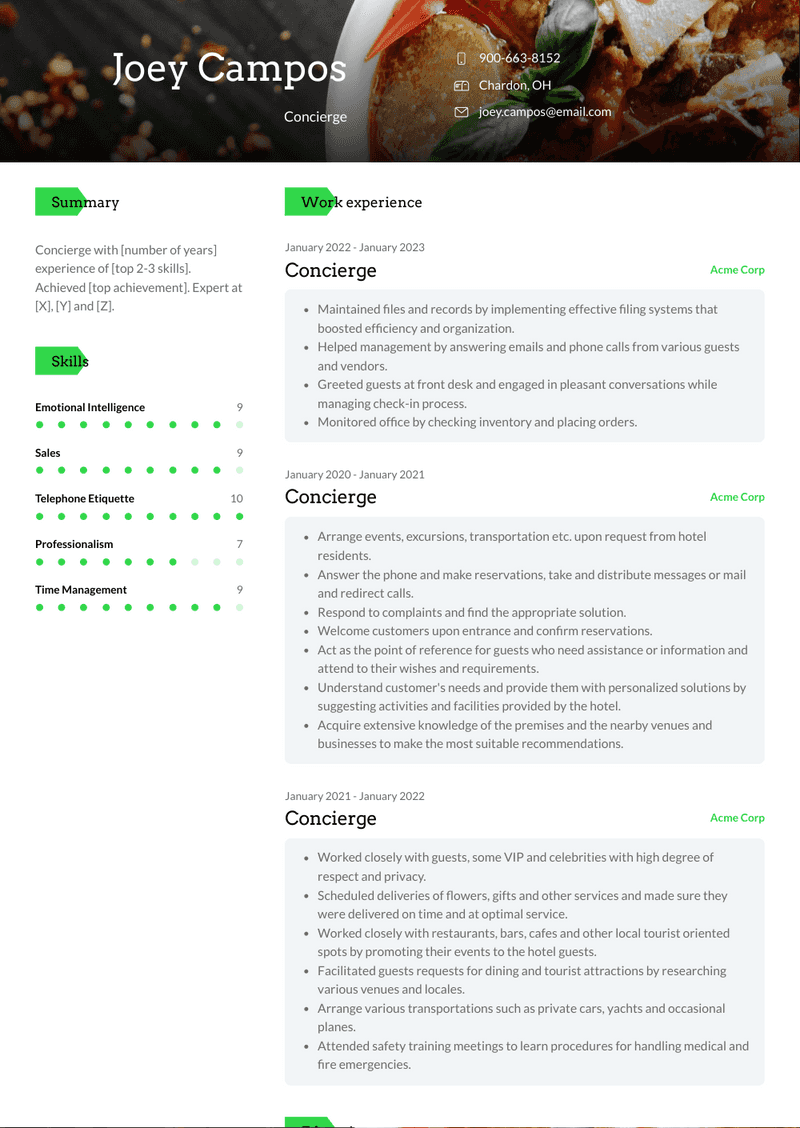 Concierge Resume Sample and Template