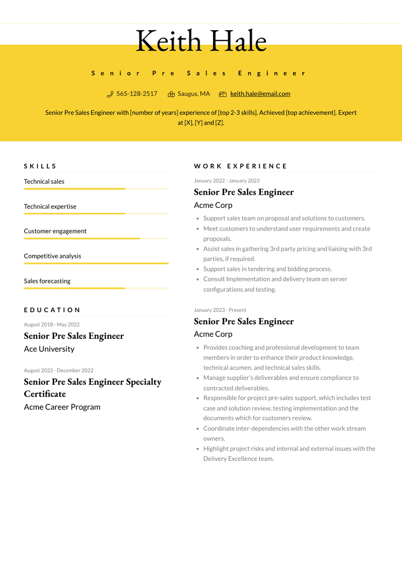 Senior Pre Sales Engineer Resume Sample and Template