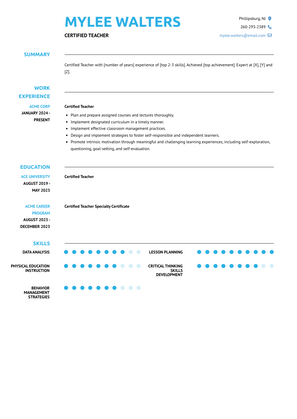 Certified Teacher Resume Sample and Template