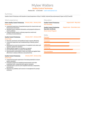 Quality Control Technician Resume Sample and Template