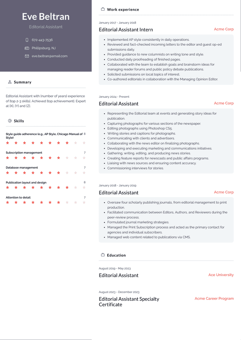 Editorial Assistant Resume Sample and Template