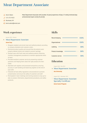 Meat Department Associate Resume Sample and Template