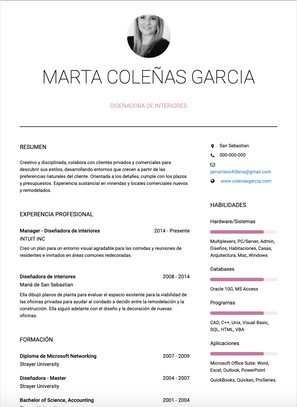 Plantilla y ejemplo de Diseñadora de Interiores CV