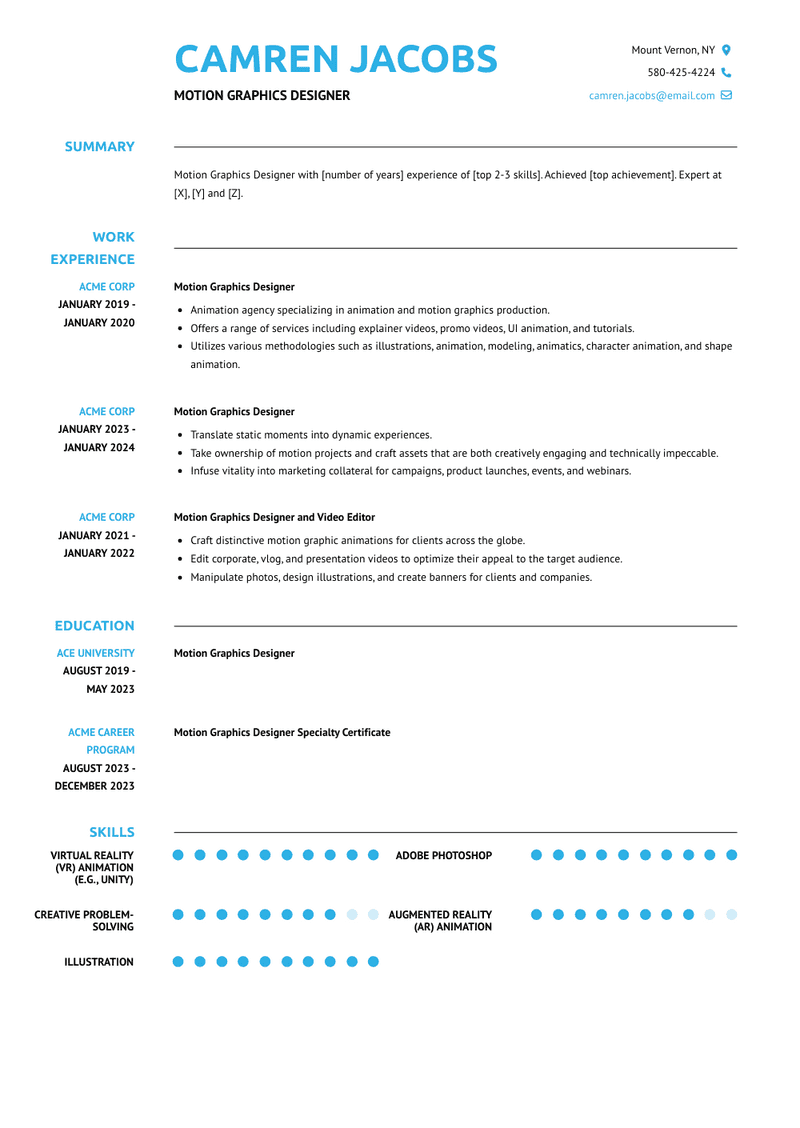 Motion Graphics Designer Resume Sample and Template