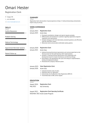 Registration Clerk Resume Sample and Template