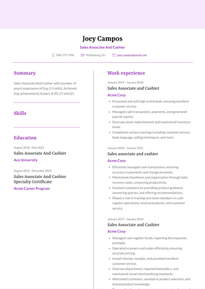 Sales Associate And Cashier Resume Sample and Template