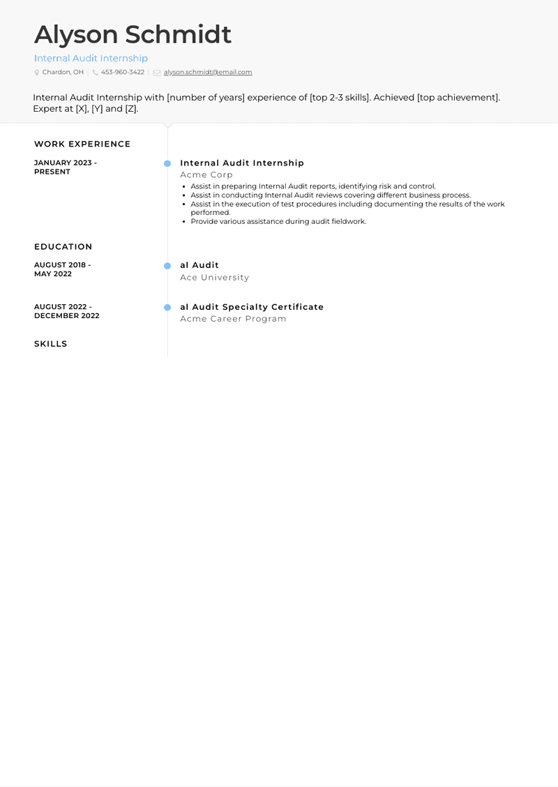 Internal Audit Internship Resume Sample and Template