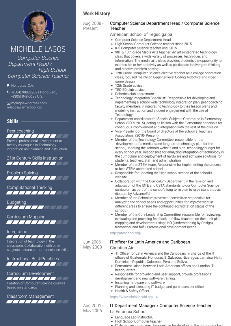 Computer Science Department Head / Computer Science Teacher  Resume Sample and Template