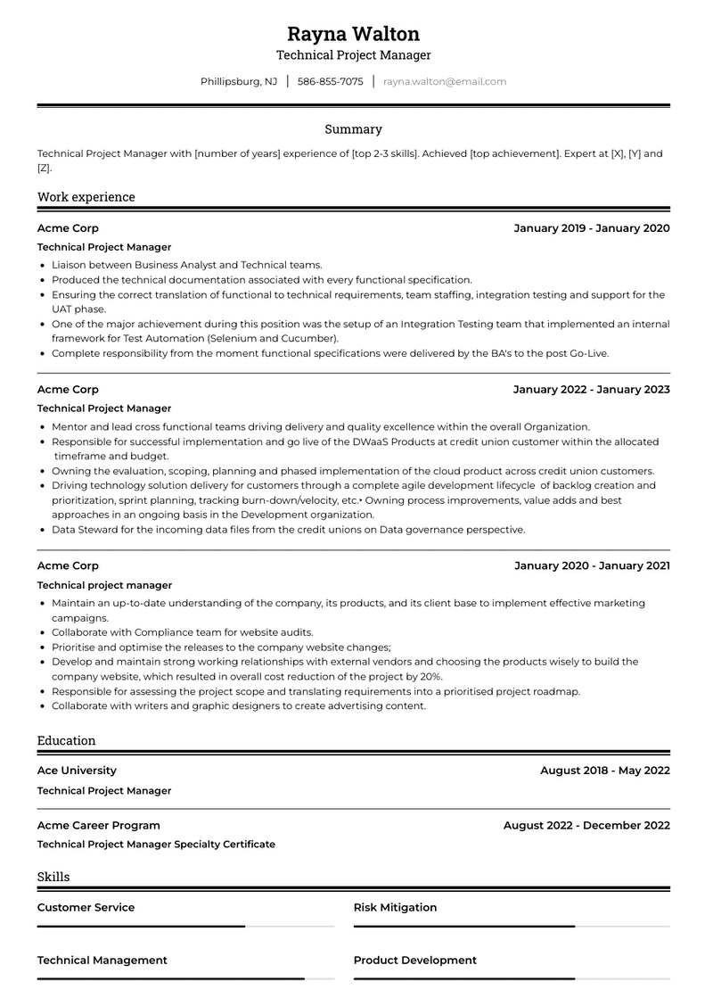 Technical Project Manager Resume Sample and Template