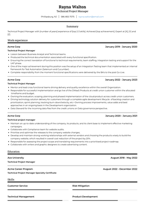 Technical Project Manager Resume Sample and Template