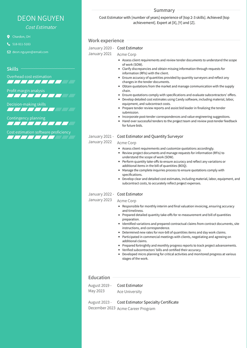 Cost Estimator Resume Sample and Template