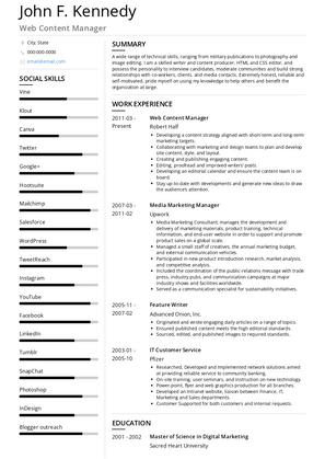 Web Content Manager Resume Sample and Template
