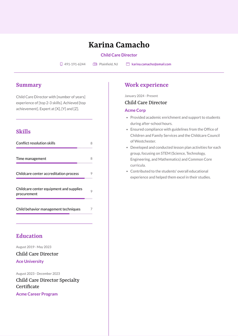 Child Care Director Resume Sample and Template