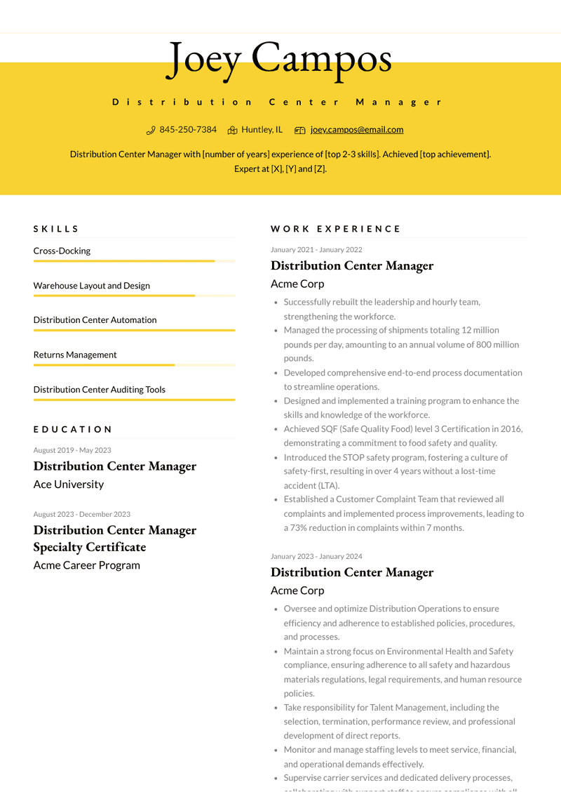 Distribution Center Manager Resume Sample and Template