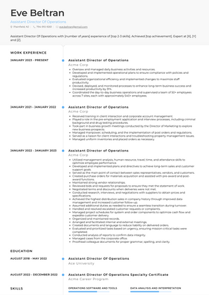 Assistant Director Of Operations Resume Sample and Template