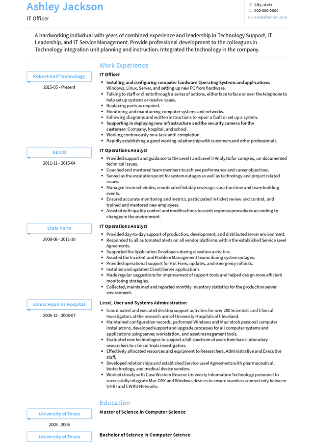 IT Officer Resume Samples and Templates | VisualCV