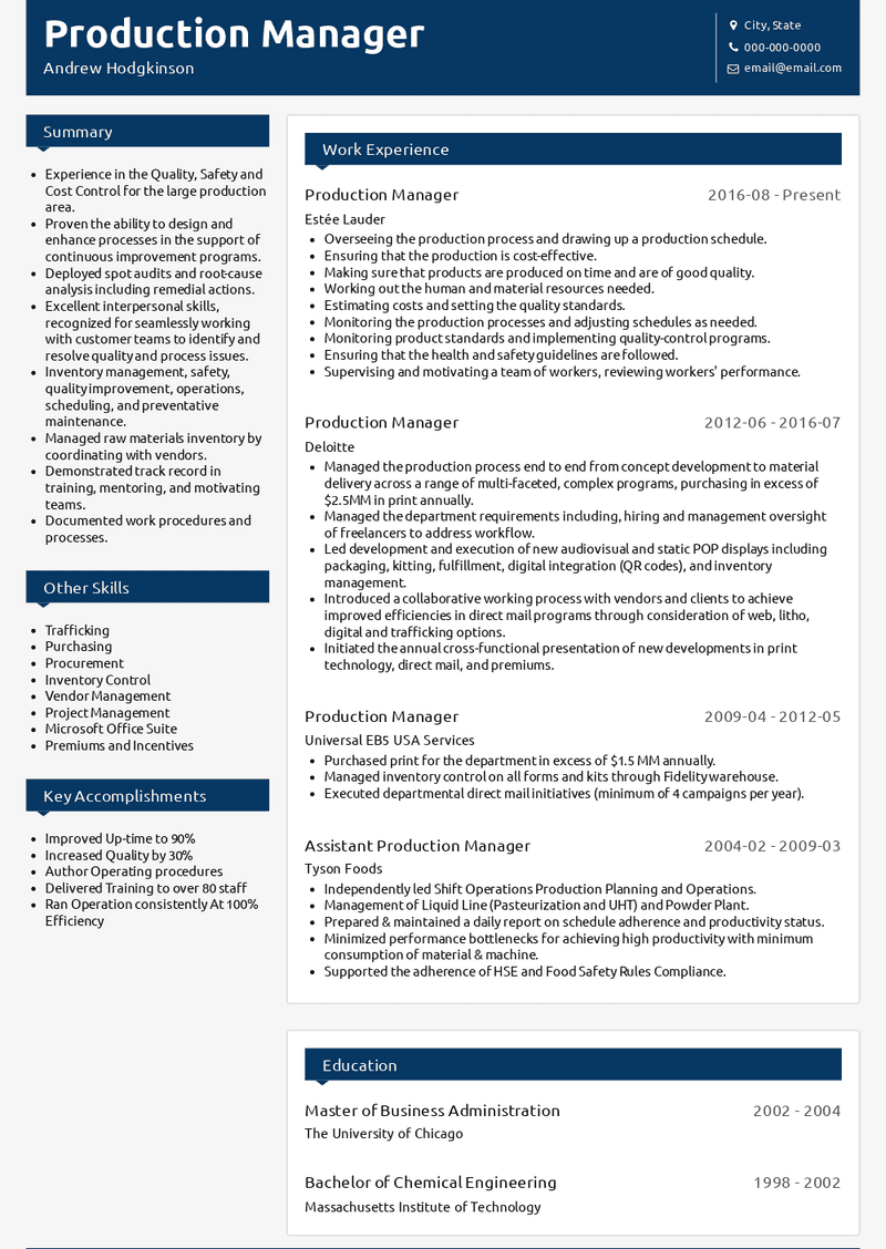 Production Manager Resume Sample and Template