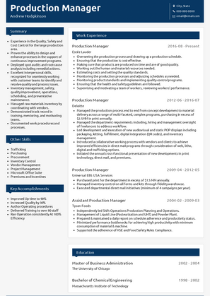 Production Manager Resume Sample and Template