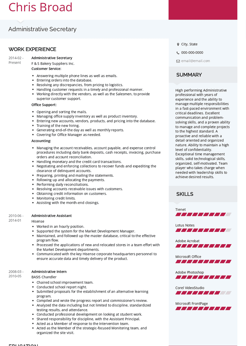 Administrative Secretary Resume Sample and Template