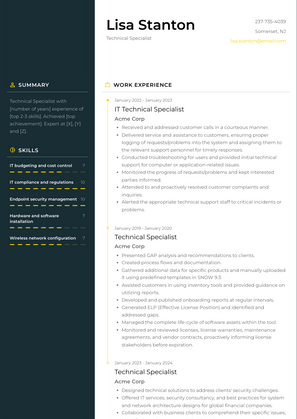 Technical Specialist Resume Sample and Template