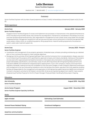 Senior Facilities Engineer Resume Sample and Template