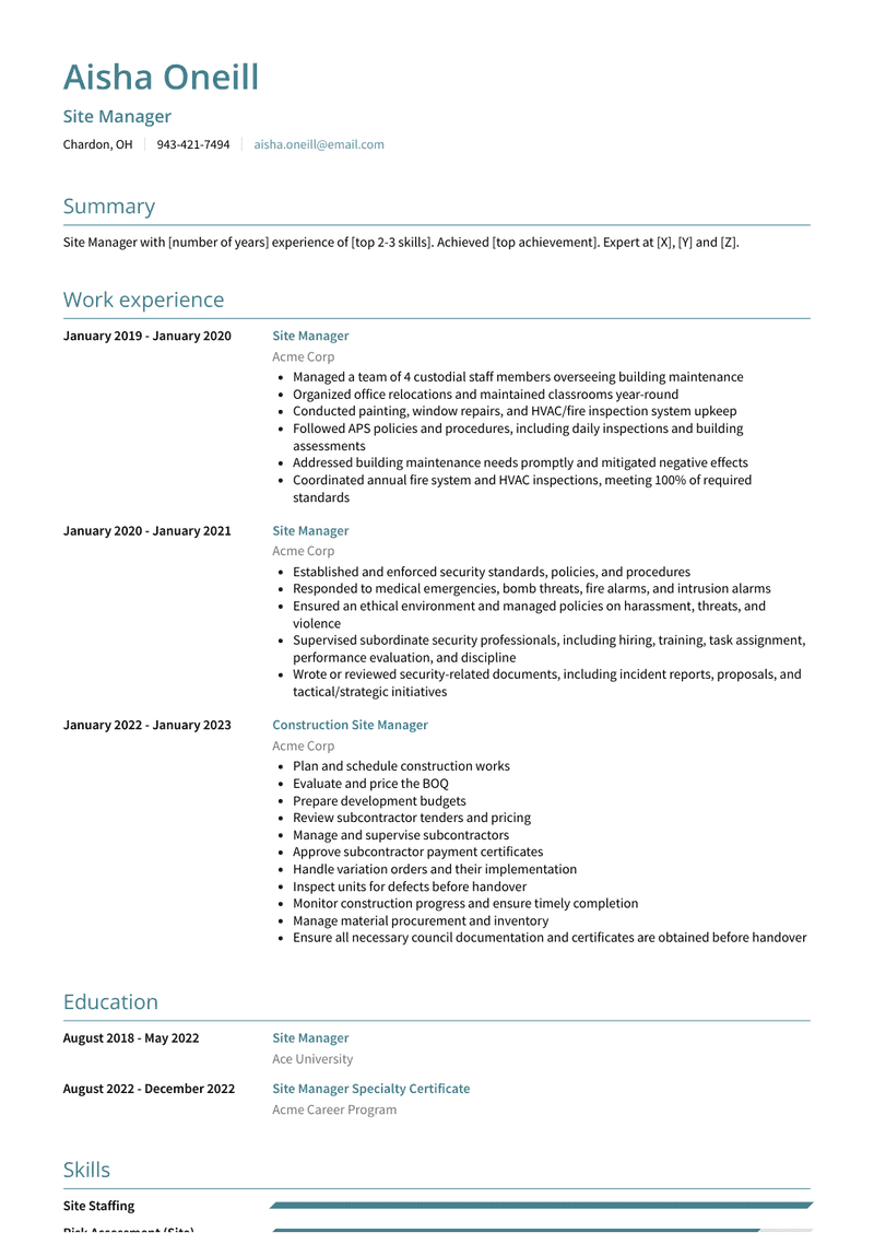 Site Manager Resume Sample and Template