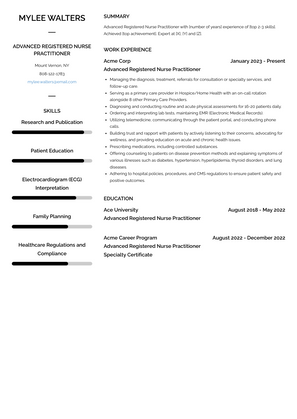 Advanced Registered Nurse Practitioner Resume Sample and Template