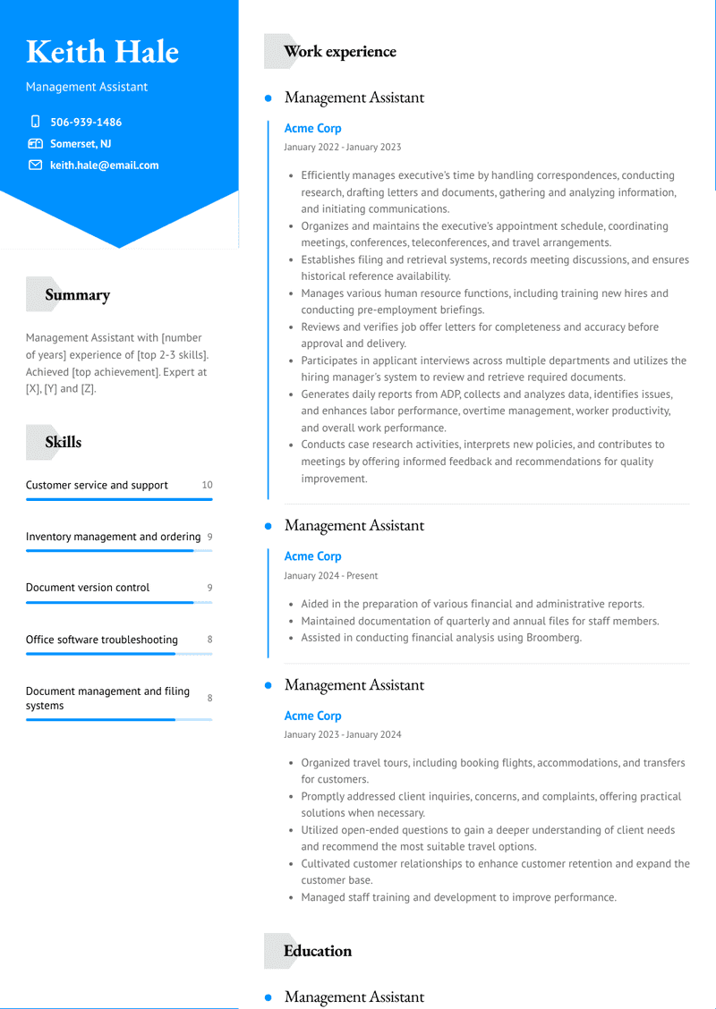 Management Assistant Resume Sample and Template