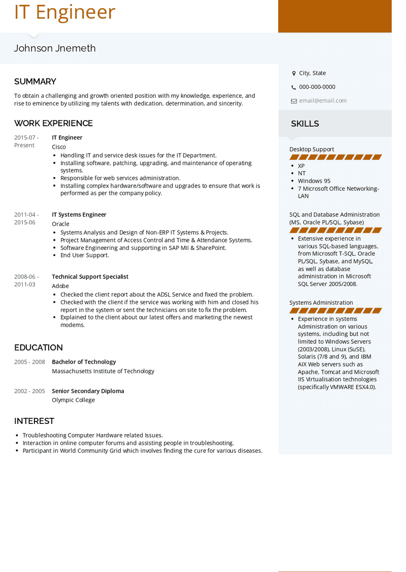 IT Engineer Resume Sample and Template