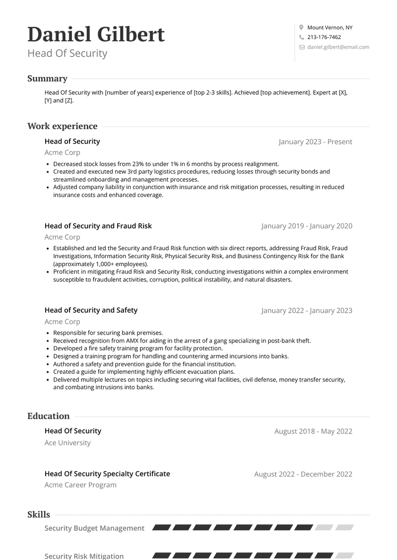 Head Of Security Resume Sample and Template