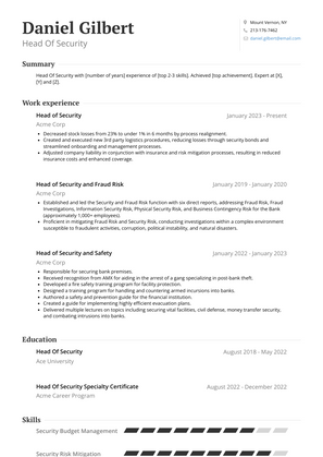 Head Of Security Resume Sample and Template