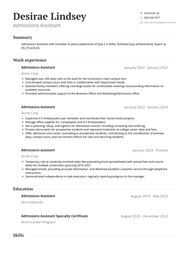 Admissions Assistant Resume Sample and Template