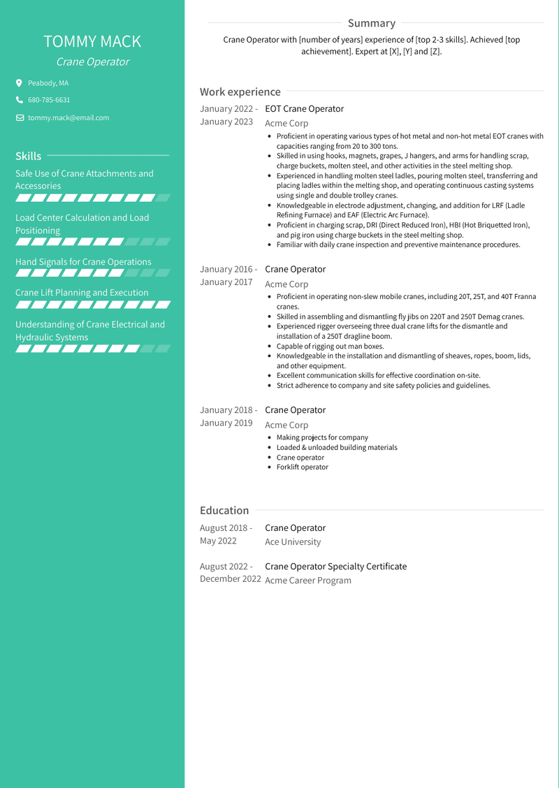 Crane Operator Resume Sample and Template