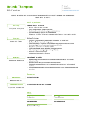 Dialysis Technician Resume Sample and Template