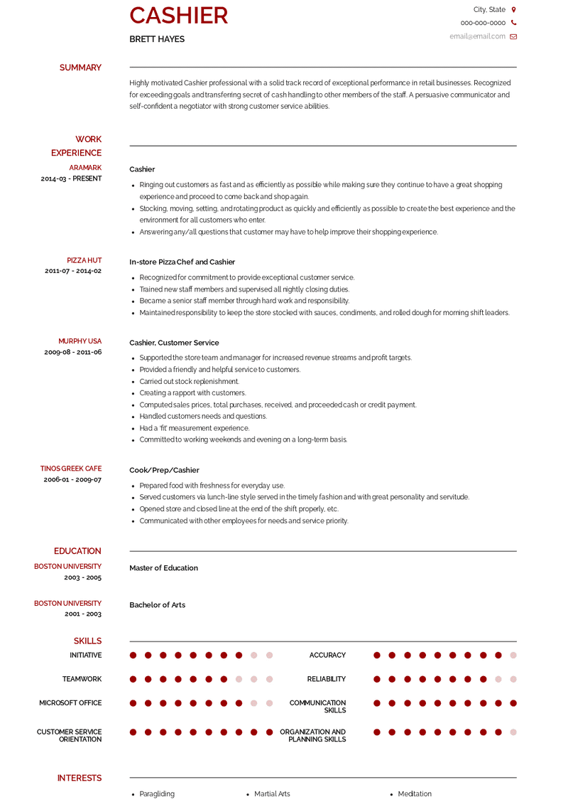 Cashier  Resume Sample and Template