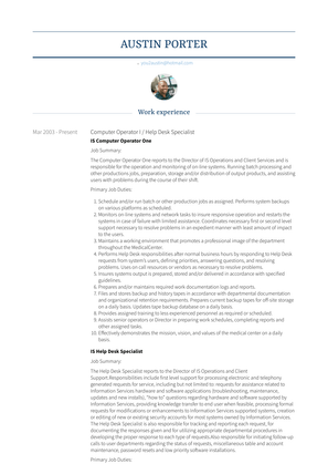 Computer Operator I / Help Desk Specialist Resume Sample and Template