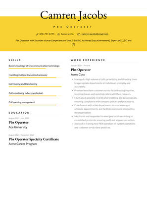 Pbx Operator Resume Sample and Template