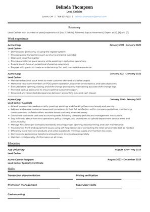 Lead Cashier Resume Sample and Template