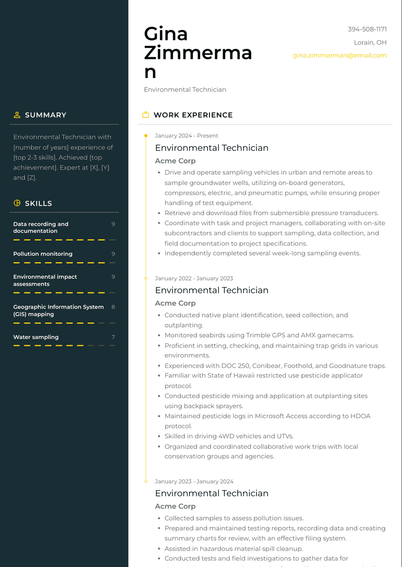 Environmental Technician Resume Sample and Template