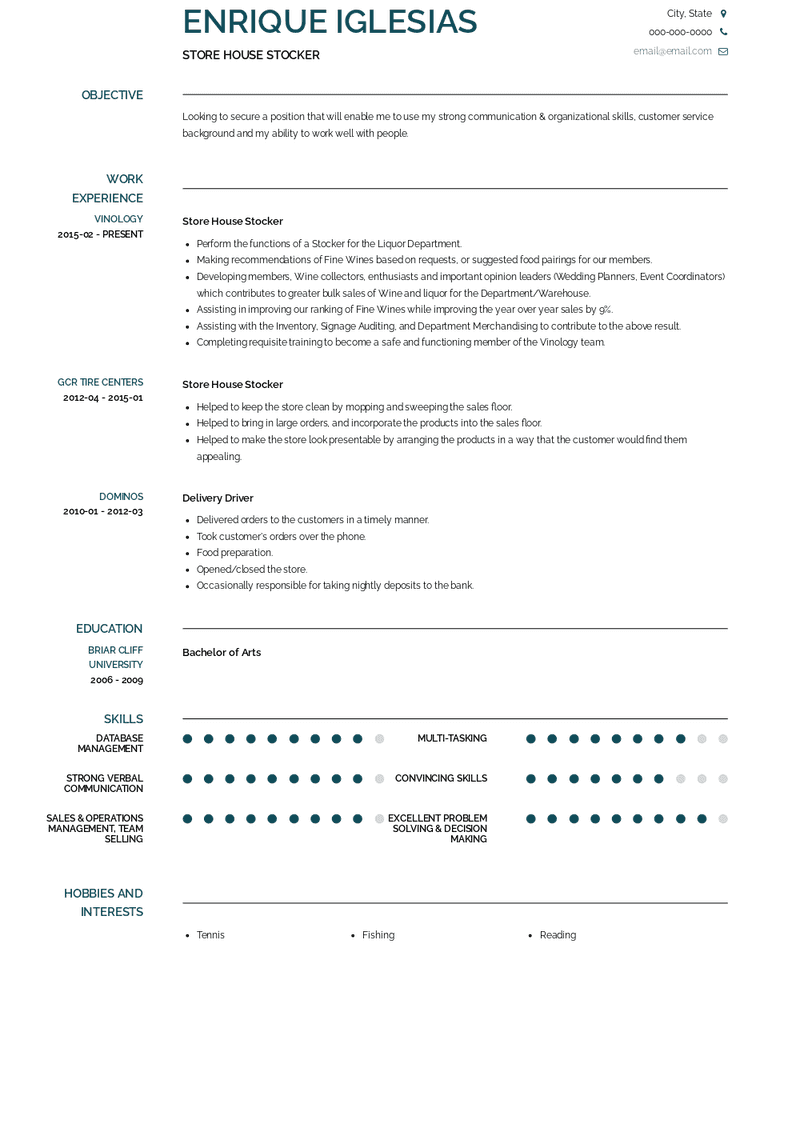 Store House Stocker Resume Sample and Template