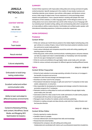 Content Writer CV Example and Template