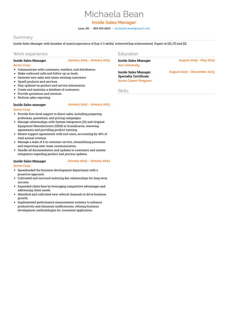 Inside Sales Manager Resume Sample and Template