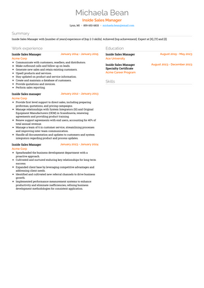 Inside Sales Manager Resume Sample and Template