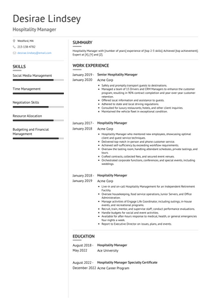 Hospitality Manager Resume Sample and Template